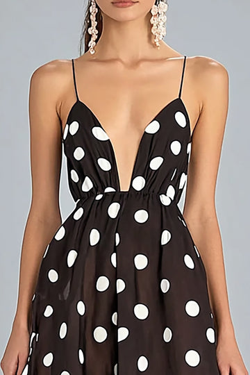Kaffe A-linje Spaghetti Stropper Hvid Polka Dots Kjole